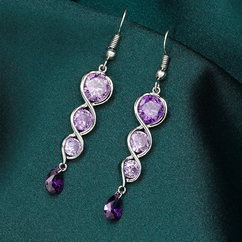 Geometric Shape Amethyst Gemstone Long Style Drop Earrings