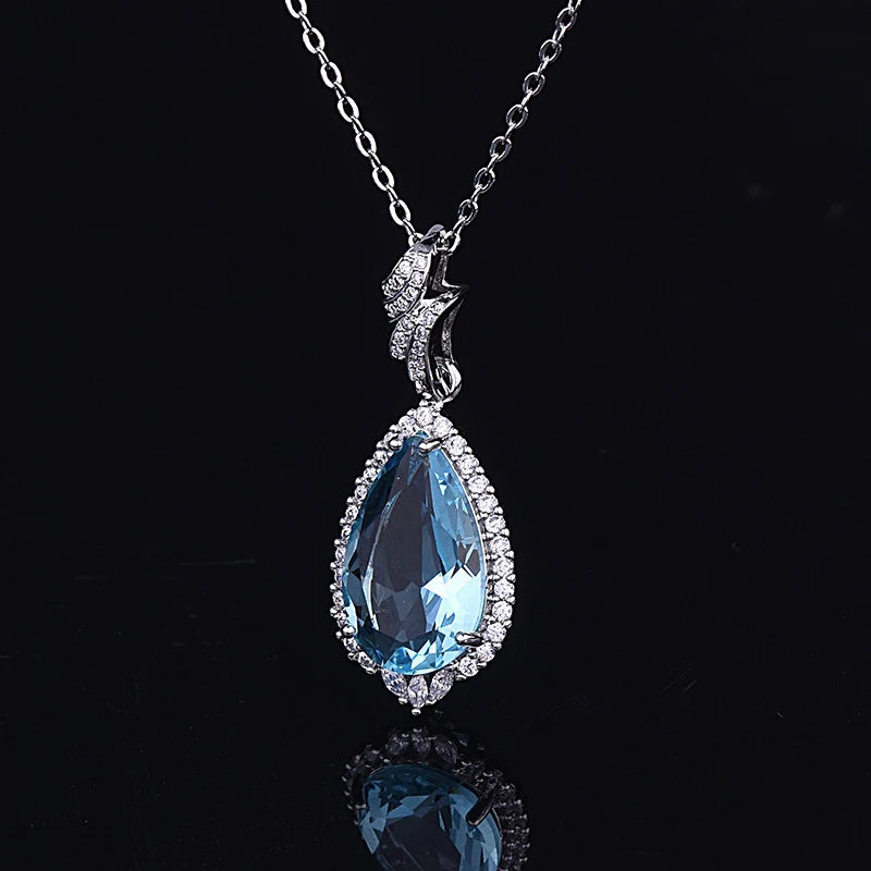 925 Silver Necklace for Women Water Drop Shape Sapphire Zircon Gemstone Pendant