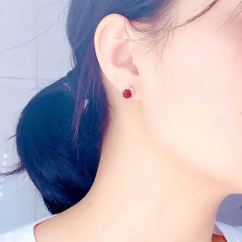 Cute Garnet cz Stud Earring 100% Real 925 sterling silver Jewelry Engagement Wedding Earrings for Women Bridal Gift