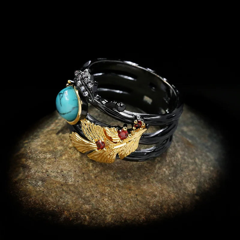 Beautiful Turquoise Ring Carved Golden Feathers
