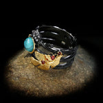 New Unique Women's Jewelry Turquoise Ring Carved Golden Feathers Women's Ring Multi-layer Irregular Luxury Women's Jewelry