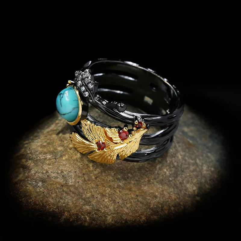 New Unique Women's Jewelry Turquoise Ring Carved Golden Feathers Women's Ring Multi-layer Irregular Luxury Women's Jewelry