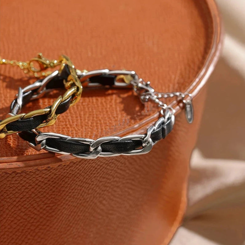 18K Leather & Stainless Steel Chain Bracelet – Unisex