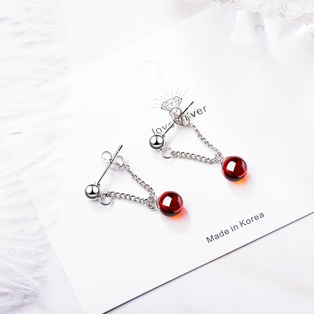 Elegant Round Natural Garnet Stone 925 Silver Needle Lady Tassel Stud Earring