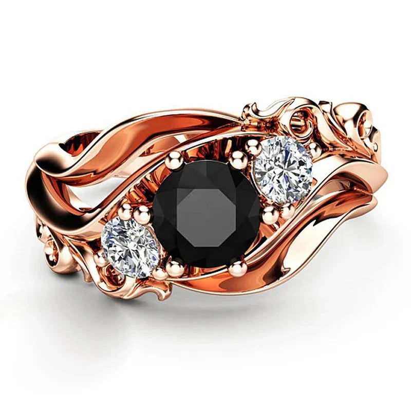 Rose Gold Unique Black Stone Ring with Twist Band