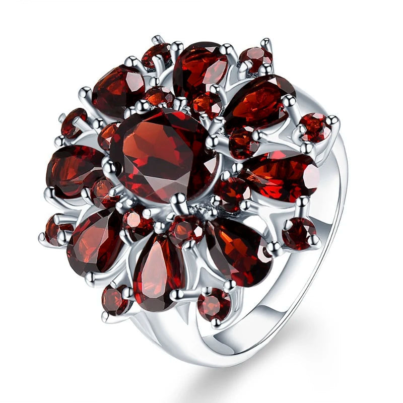 Elegant Silver Color Inlaid Garnet Red Zircon Flower Shape Ladies Banquet Ring