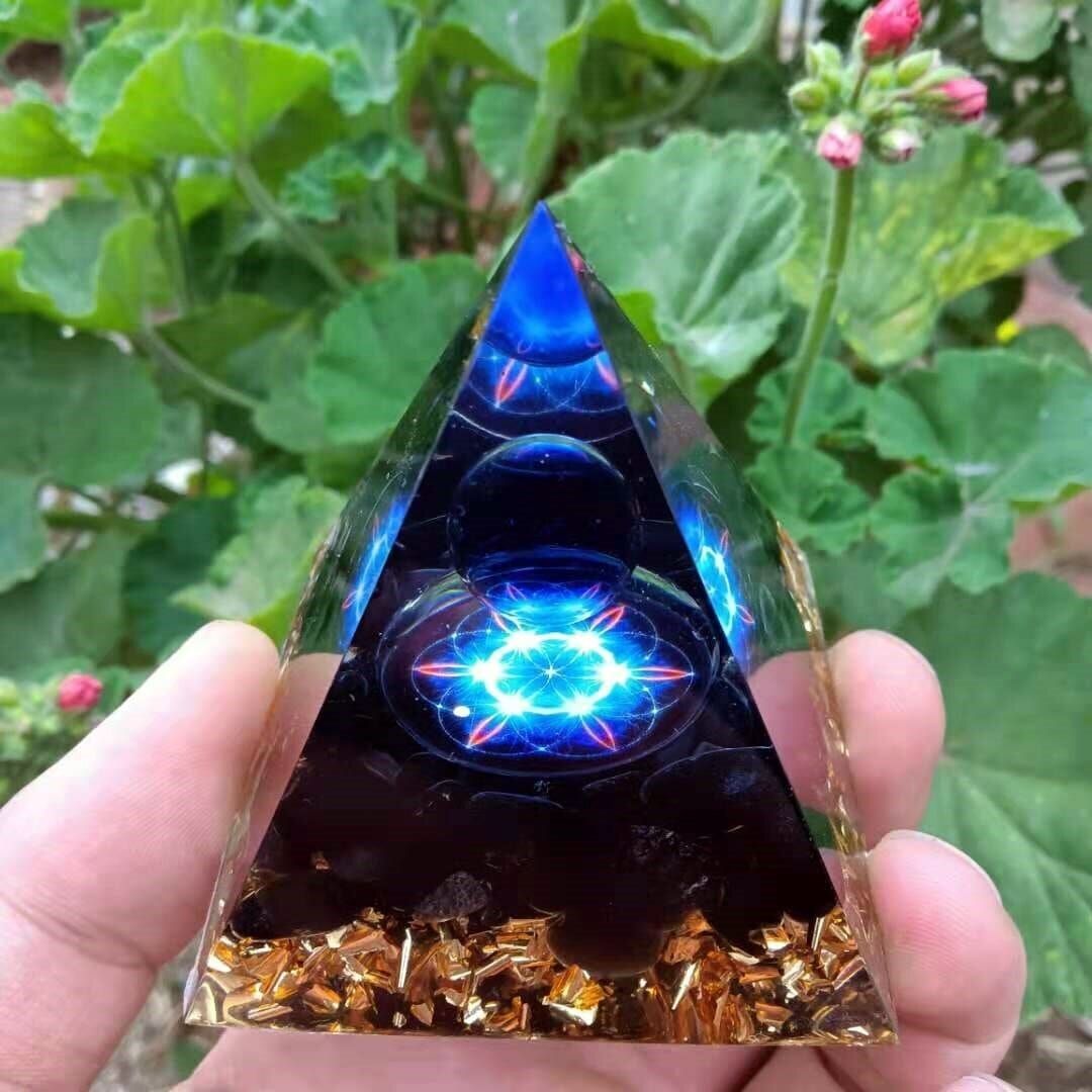 Handcrafted Obsidian Flower of Life Orgone Pyramid with K9 Blue Crystal SphereOrgone Pyramid