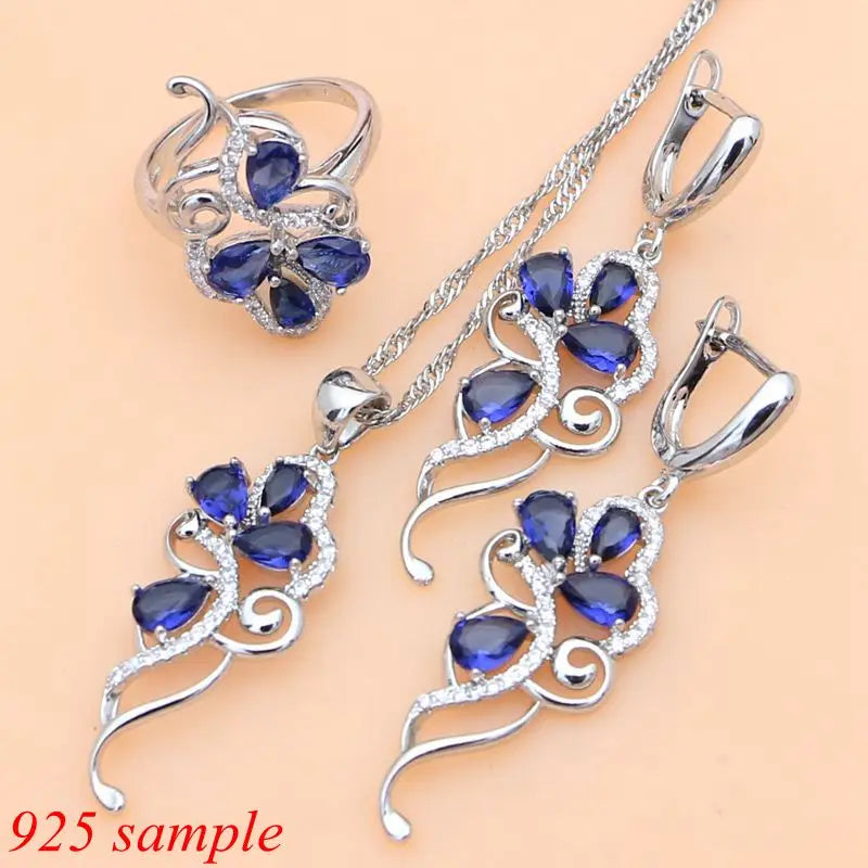 Elegant 925 Bridal Jewelry Set Blue Sapphire White Crystal Costume for Women