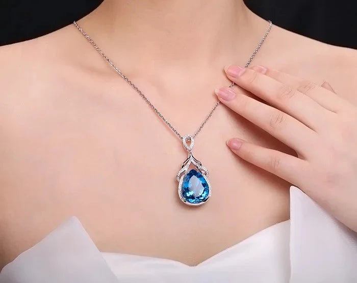 Romantic Water Drop Aquamarine Pendants Necklace for Women Silver 925 NecklaceBlue