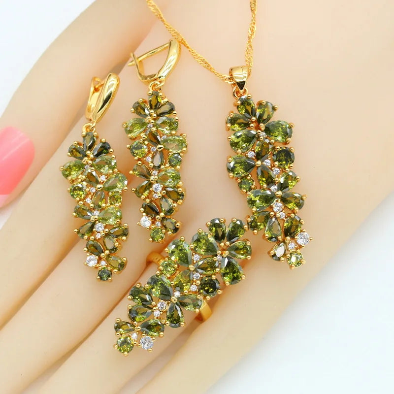 Luxury Green Peridot Gold Plated Jewelry Sets for Women Earrings Necklace Pendant Ring Bracelet3pcs7