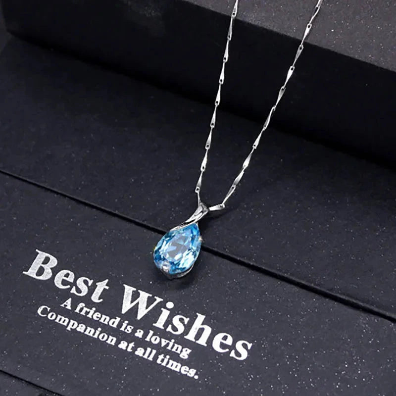 Cellacity Trendy Necklace for Women Silver 925 Jewelry Water Drop Shaped Aquamarine Pendant Neck Ornament Engagement Wholesale