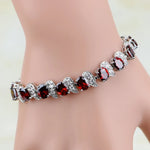 Silver Chain Link Bracelet Red Garnet White Cubic Zirconia