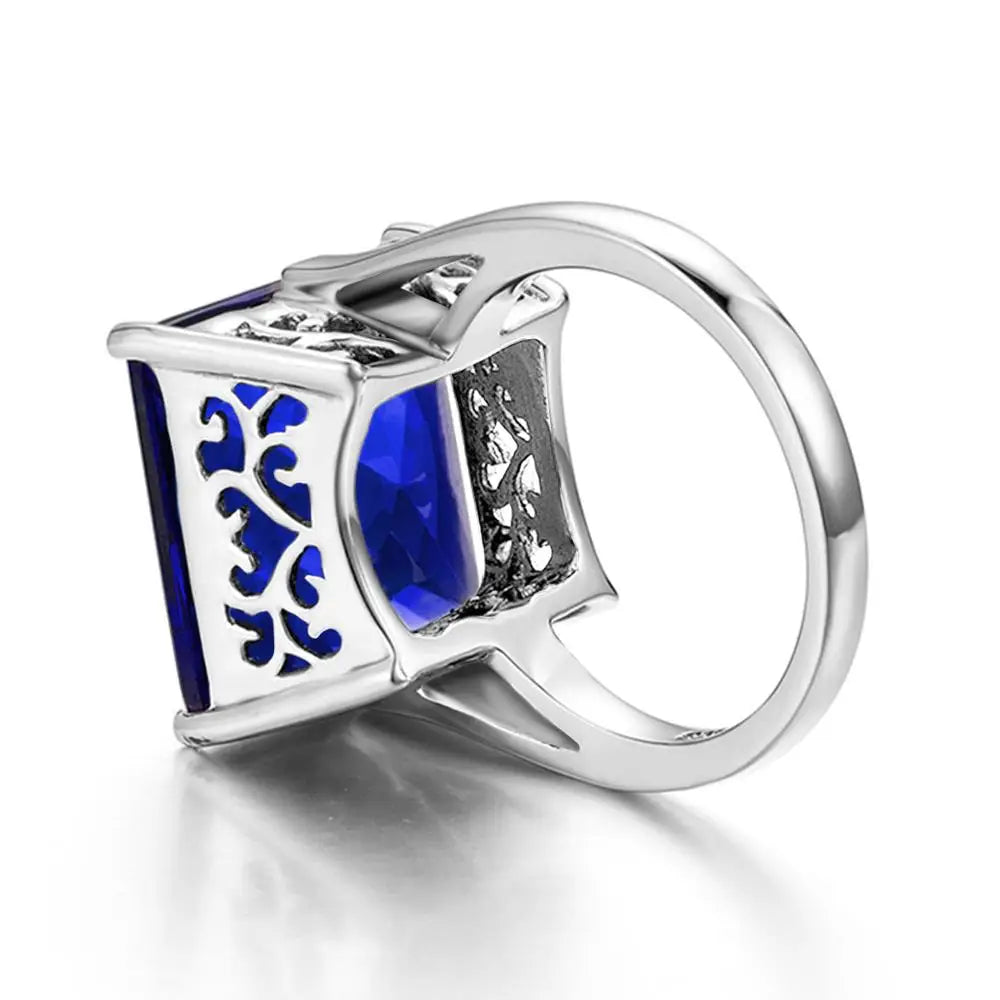 Blue Sapphire Rings Silver 925 Anillo Plata Square Gemstone Office Career Female Fine