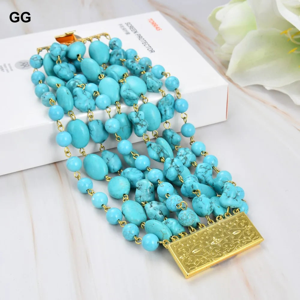 GG Jewelry Natural 9 Strands Blue Turquoise Gems Stone Bracelet Cute For Women