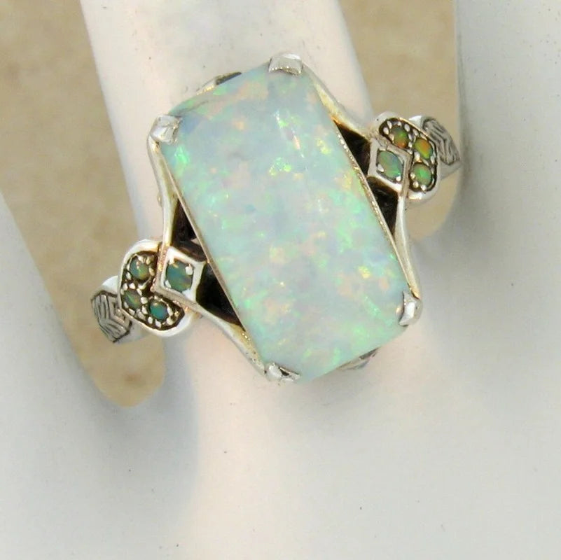 Square White Opal Antique Silver Women's Rings Bague