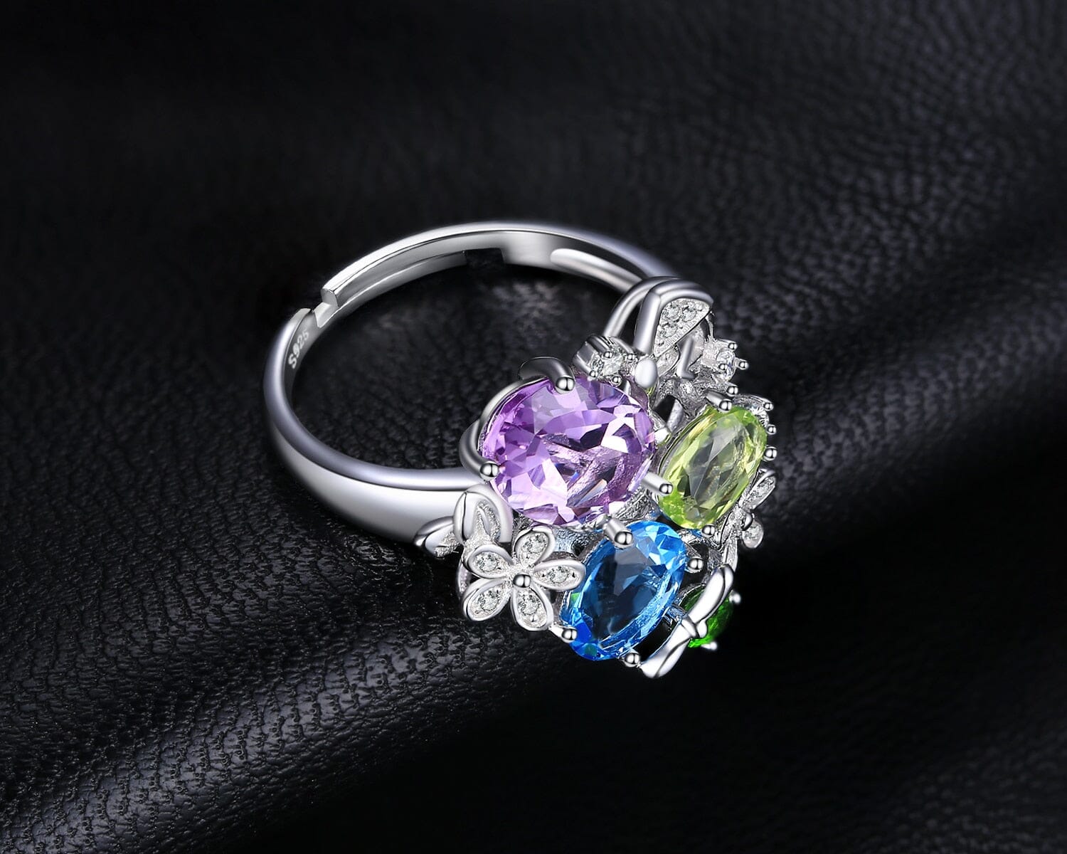 JewelryPalace Flower Natural Amethyst Blue Topaz Peridot Chrome Diopside Open Adjustable Cocktail Ring 925 Sterling Silver Women0