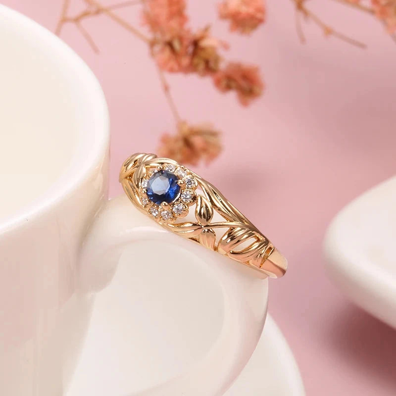 Blue Natural Zircon 585 Rose Gold Hollow Crystal Flower Ethnic Ring for Women