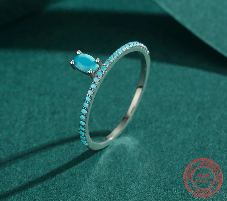 Genuine 925 Sterling Silver Vintage Oval Turquoise Crown Elegant Female Finger Rings