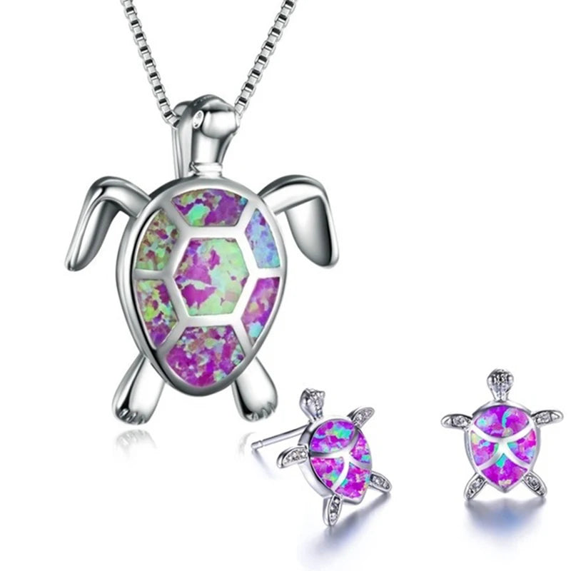 Cute Sea Turtle Necklace Earrings Jewelry SetsPurple