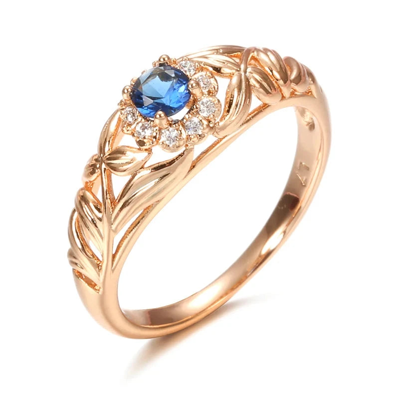 Blue Natural Zircon 585 Rose Gold Hollow Crystal Flower Ethnic Ring for WomenBlue8