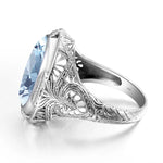 Aquamarine Ring Handmade Vintage Engraving Pattern Men's Ring