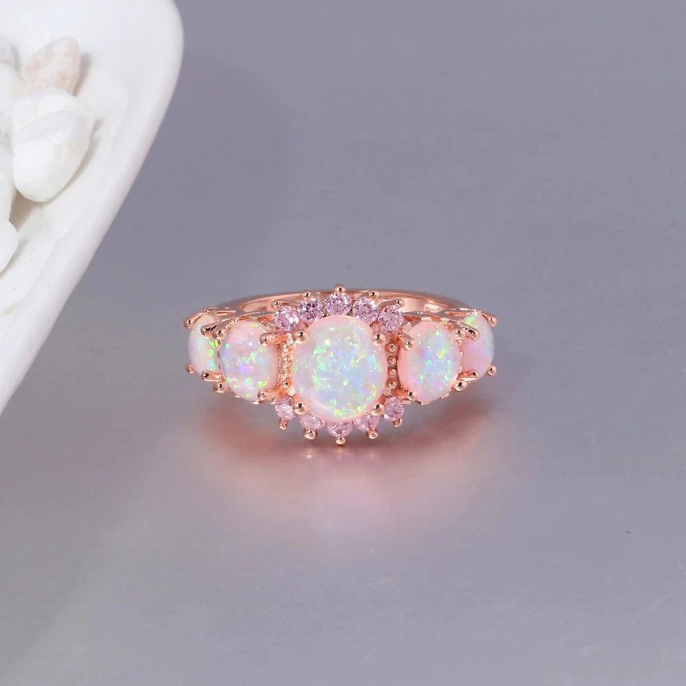 Fire Opal Ring Silver Plated Oval Round Stone Ring