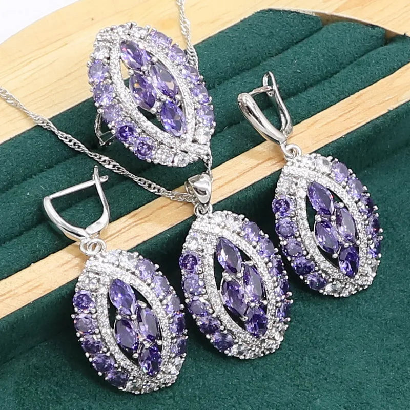 Luxurious Purple Amethyst 925 Sterling Silver Jewelry set for Women3pcs6
