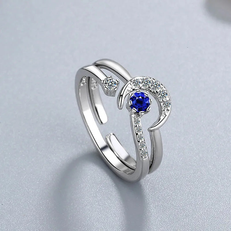 Fashion 925 Silver Ring With Star Moon Shape Sapphire Gemstones