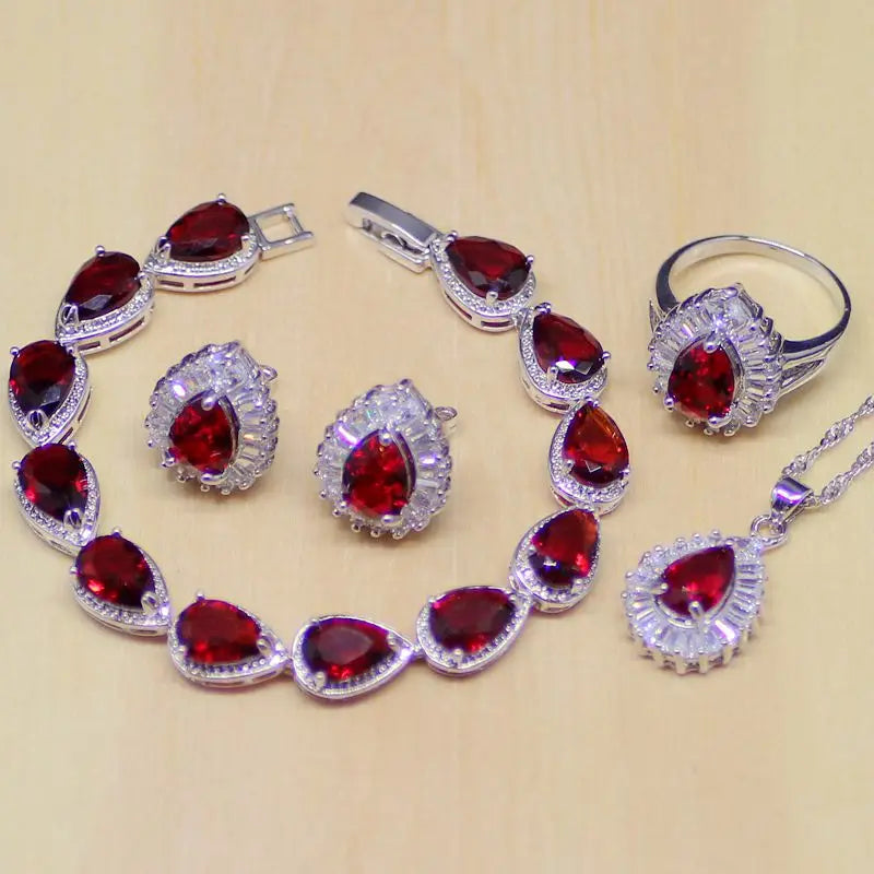 Water Drop Red Ruby White Topaz 925 Sterling Silver Jewelry SetsRed6.5