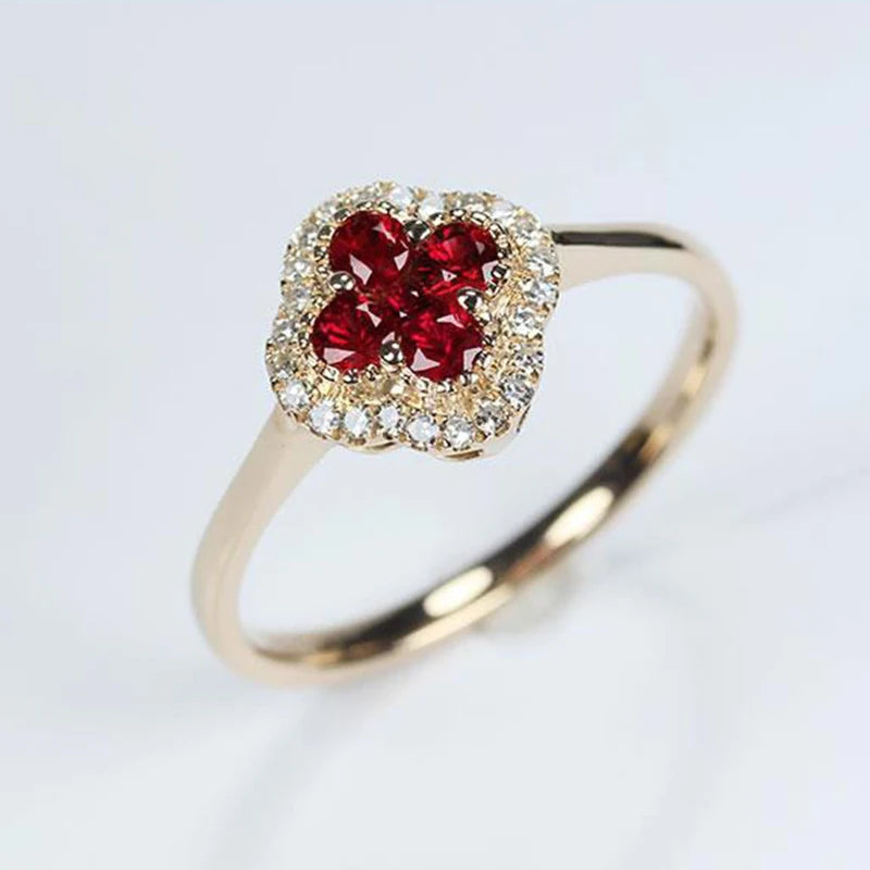 Silver Diamond Ruby Four Leaf Flower Adjustable Ring