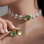 Pearl Green Opal Earrings and Choker NecklaceJewelry Sets