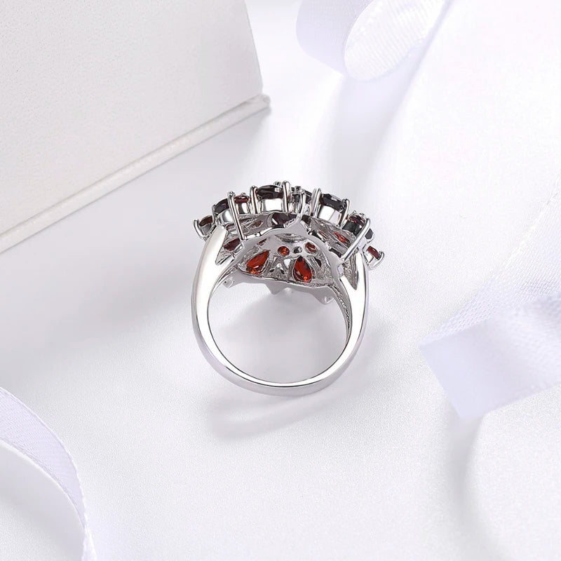 Elegant Silver Color Inlaid Garnet Red Zircon Flower Shape Ladies Banquet Ring