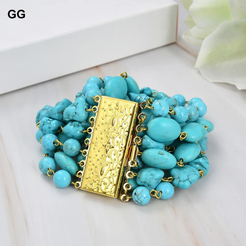 GG Jewelry Natural 9 Strands Blue Turquoise Gems Stone Bracelet Cute For Women