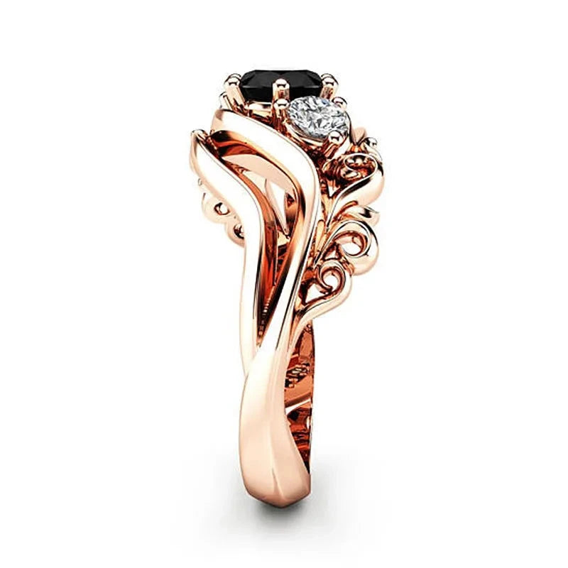 Rose Gold Unique Black Stone Ring with Twist Band