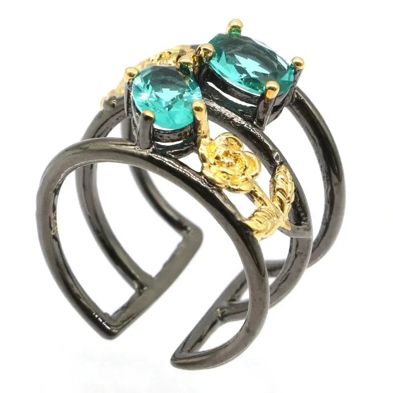 Aquamarine Green Peridot Gift for Sister Black Gold Silver Rings