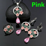 Flower Silver 925 Jewelry Set Sapphire Earrings Ring Pendant Necklace For WomenPink10