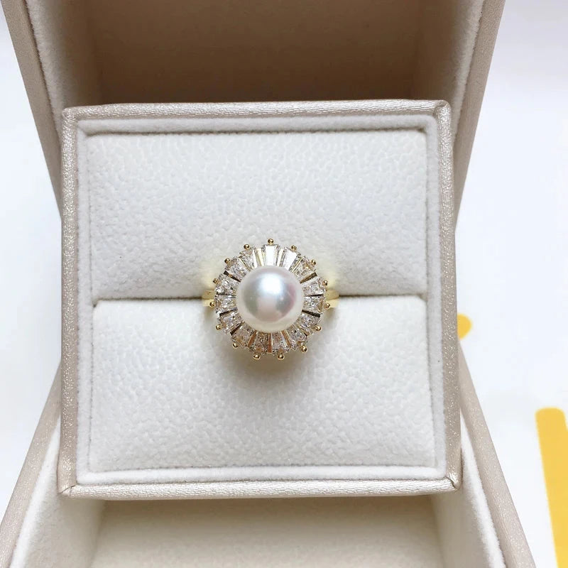 14K Gold Pearl & Zircon Adjustable Ring for Women