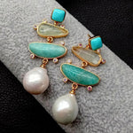 YYGEM Natural geometric Turquoise Amazonite Prehnite Freshwater White Pearl Stud Earrings gold Filled office style for women