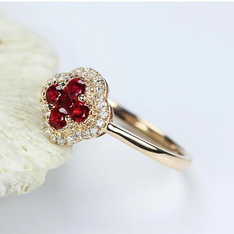 Silver Diamond Ruby Four Leaf Flower Adjustable Ring