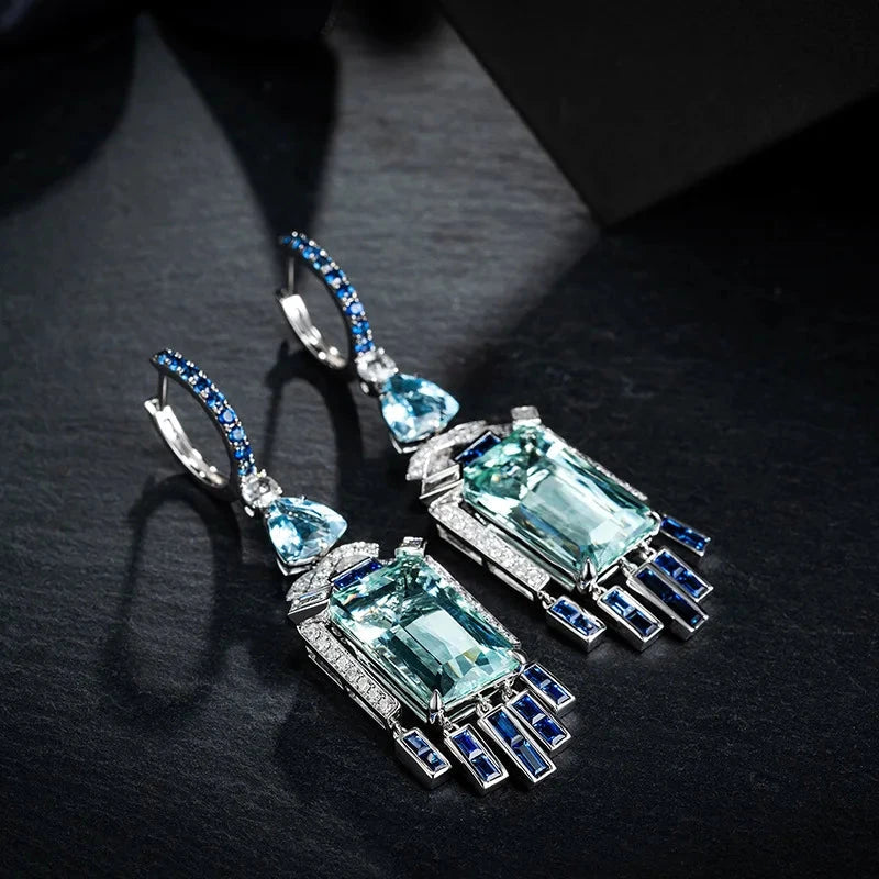Long Style Design Silver Color Simulation Aquamarine Gemstone Earrings Women
