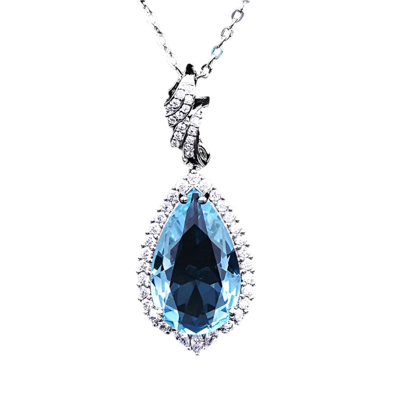 925 Silver Necklace for Women Water Drop Shape Sapphire Zircon Gemstone Pendant