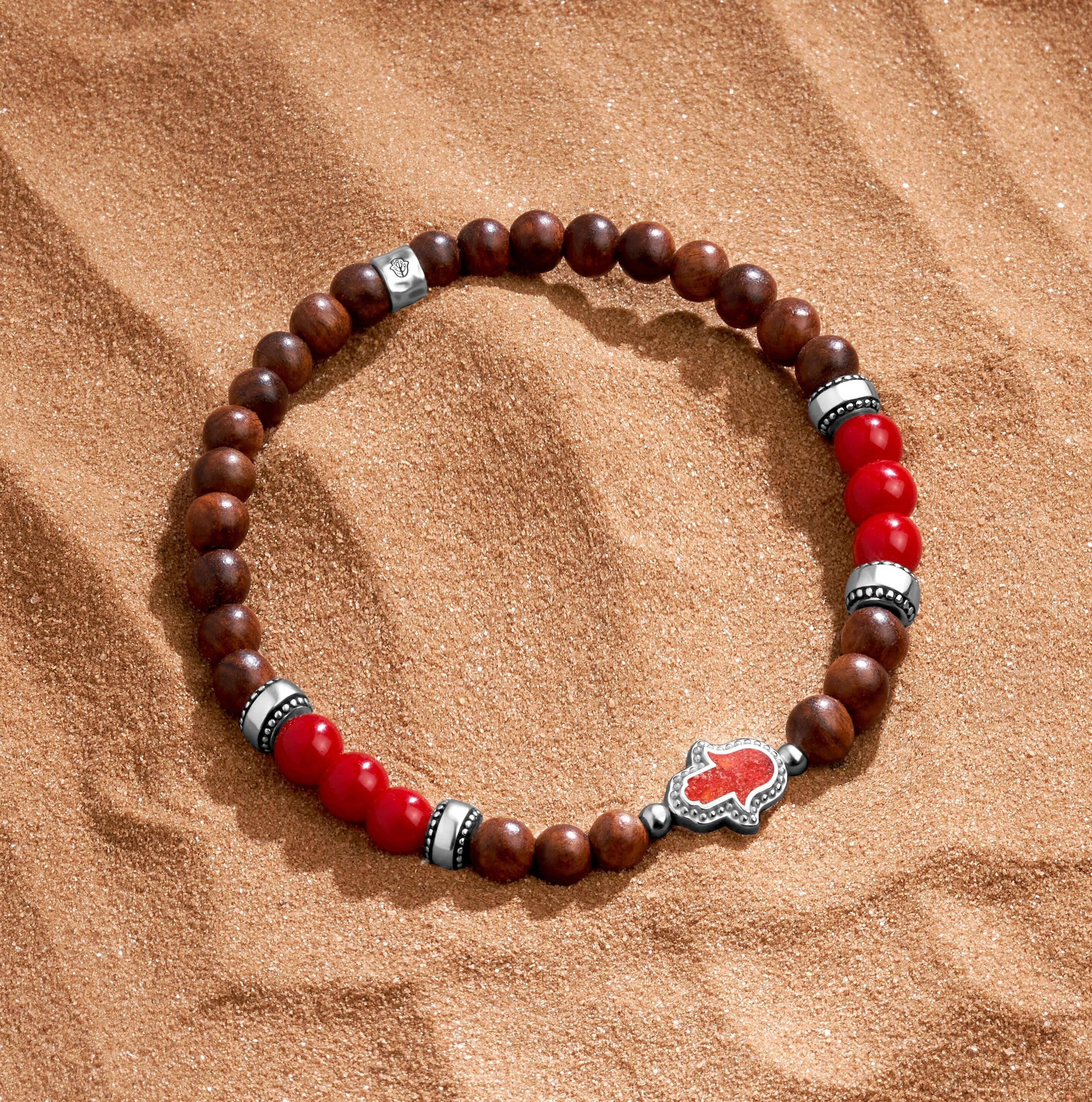 Enduring Tenacity Wood Hamsa Coral Charm Silver BraceletBracelets - Mens