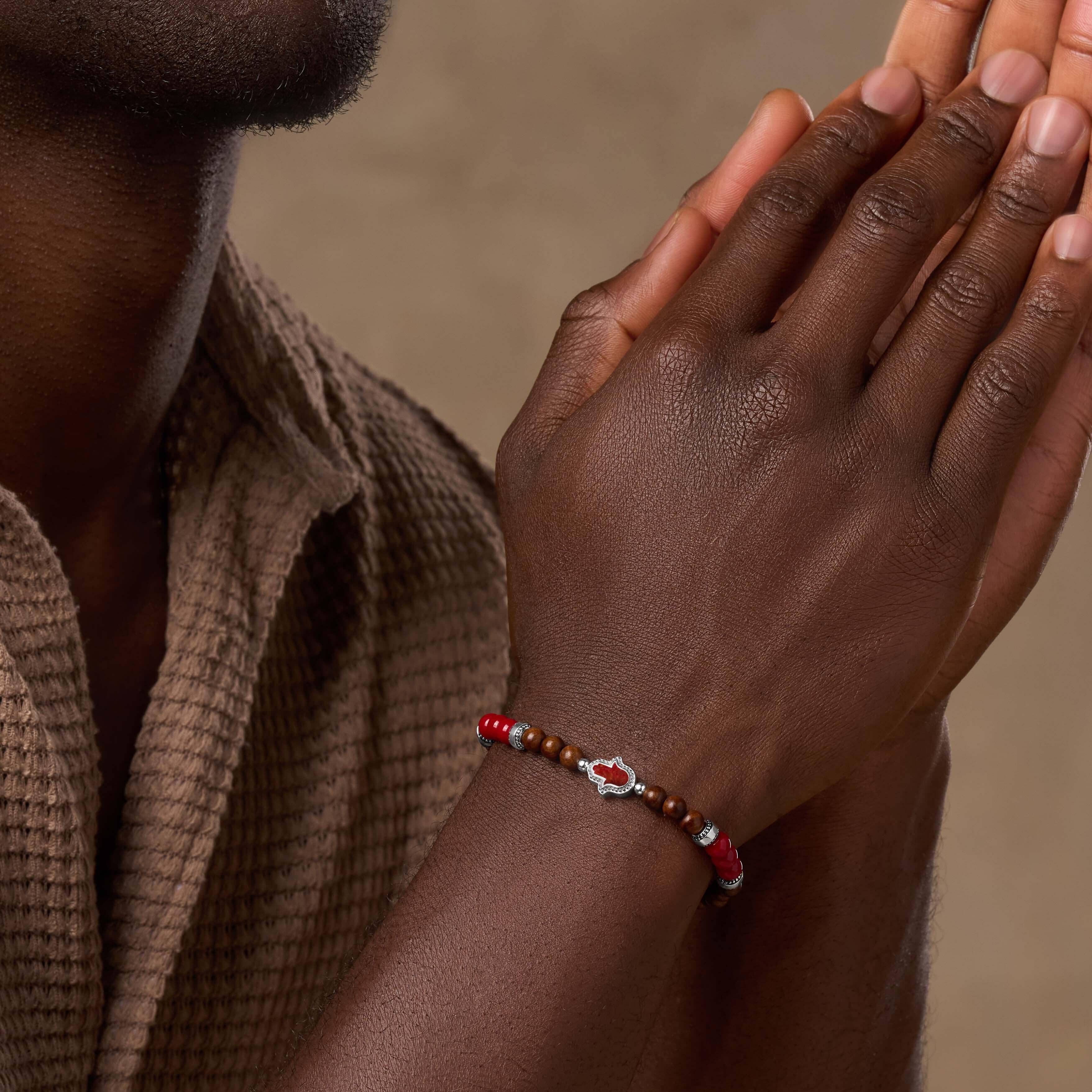 Enduring Tenacity Wood Hamsa Coral Charm Silver BraceletBracelets - Mens