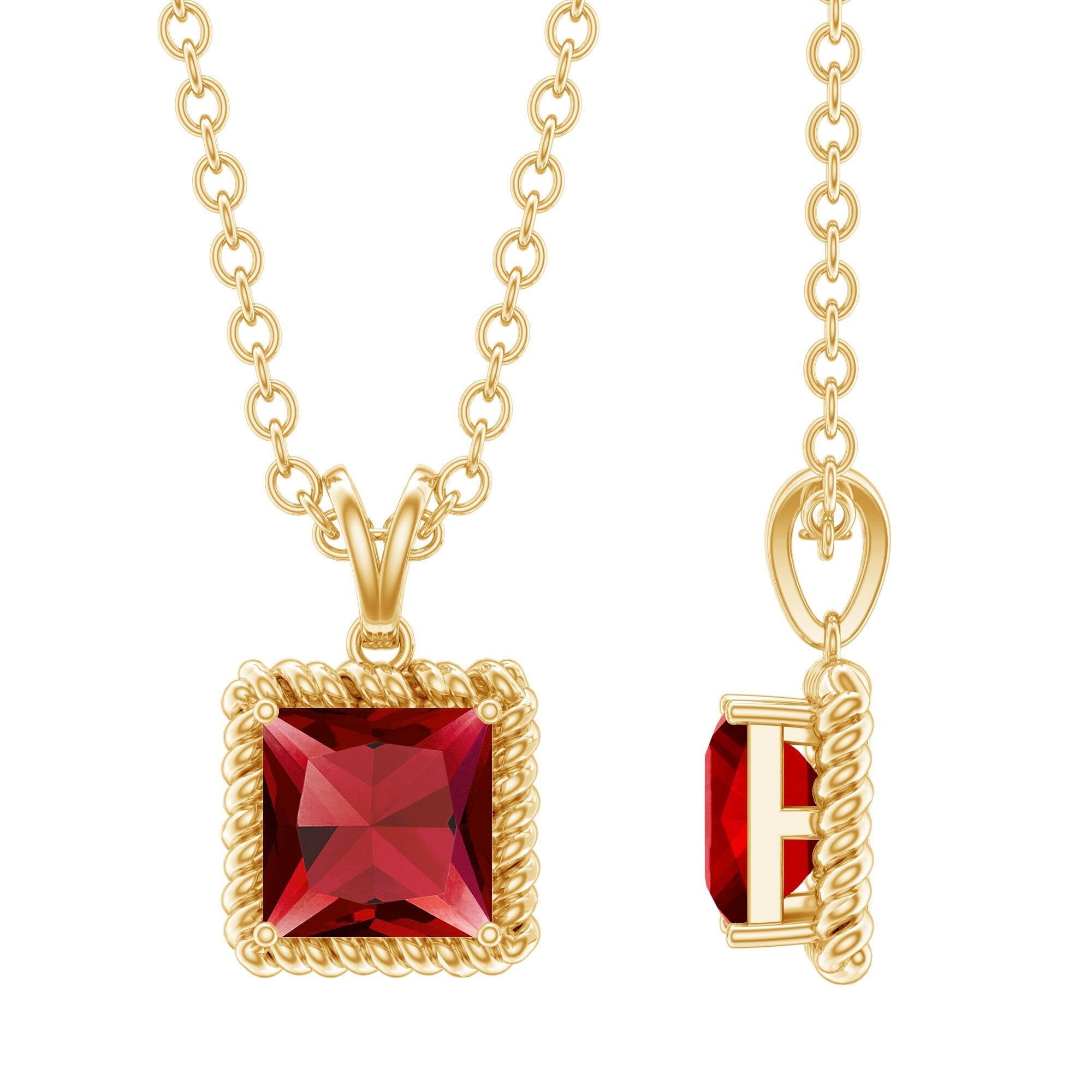 Princess Cut Lab Created Ruby Solitaire Pendant with Rope FramePendantsAAAA14K Yellow Gold Plated Silver