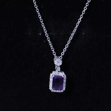 Genuine 1.1 Carat Emerald Cut Amethyst Vintage Necklace with Diamond HaloPendants