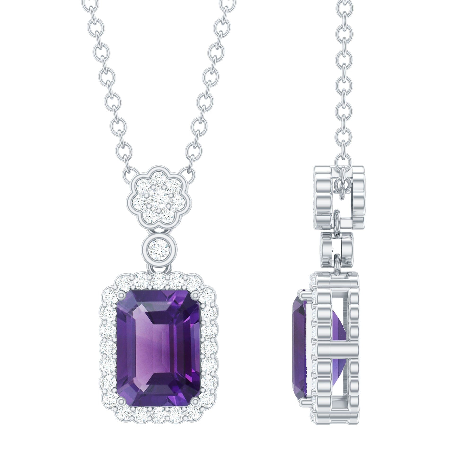 Genuine 1.1 Carat Emerald Cut Amethyst Vintage Necklace with Diamond HaloPendantsAAA92.5 Sterling Silver