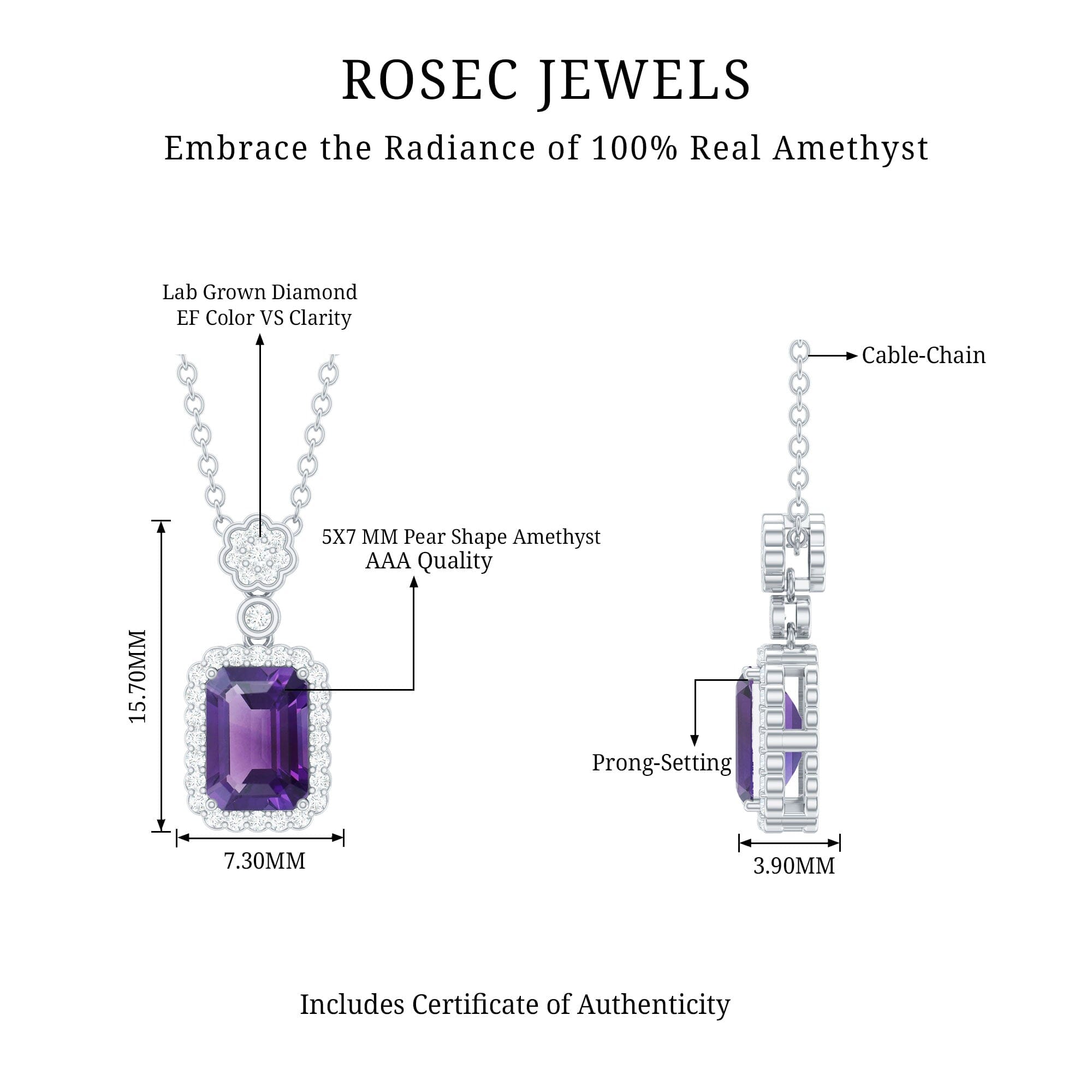 Genuine 1.1 Carat Emerald Cut Amethyst Vintage Necklace with Diamond HaloPendants