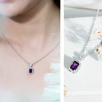 Genuine 1.1 Carat Emerald Cut Amethyst Vintage Necklace with Diamond HaloPendants