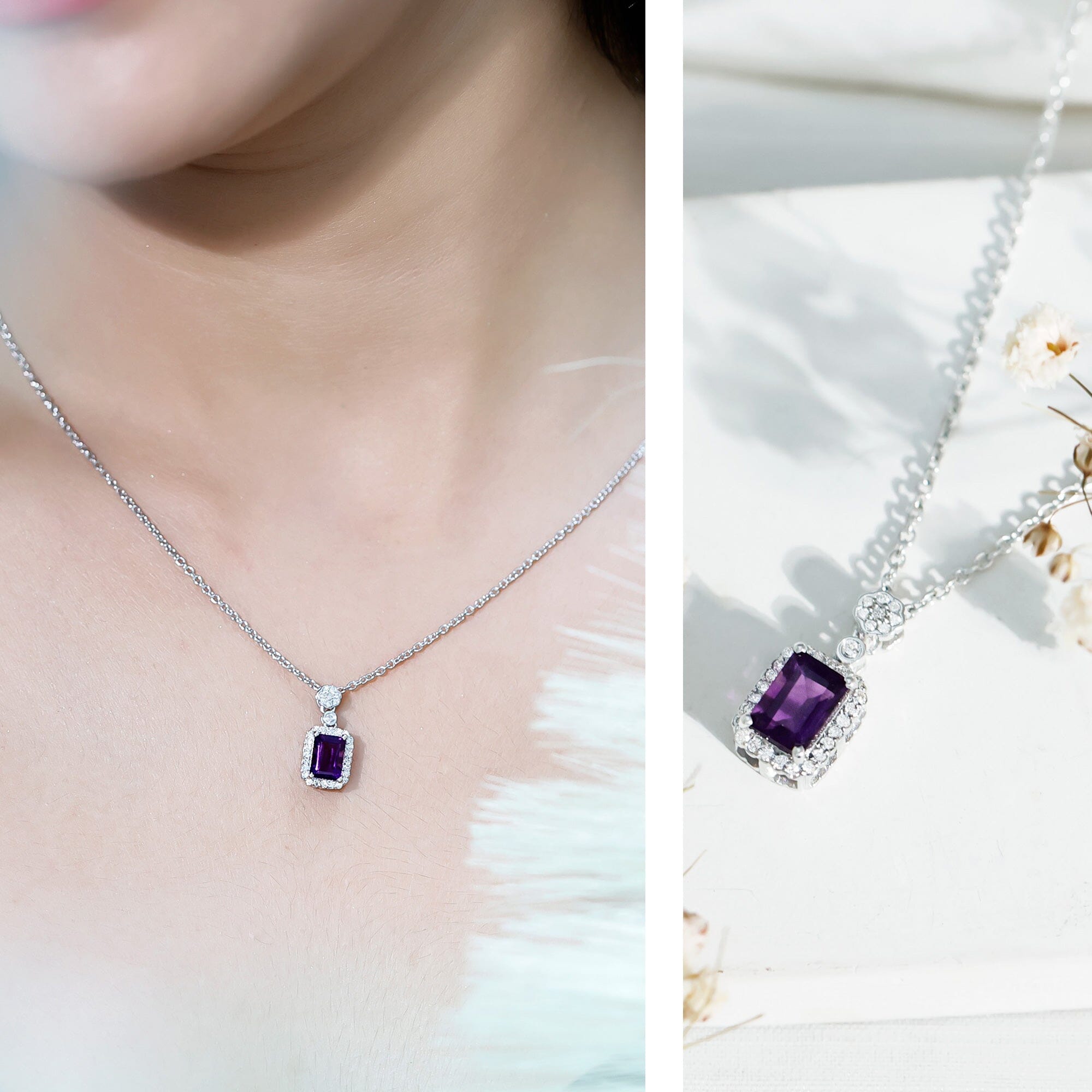 Genuine 1.1 Carat Emerald Cut Amethyst Vintage Necklace with Diamond HaloPendants