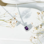 Genuine 1.1 Carat Emerald Cut Amethyst Vintage Necklace with Diamond HaloPendants